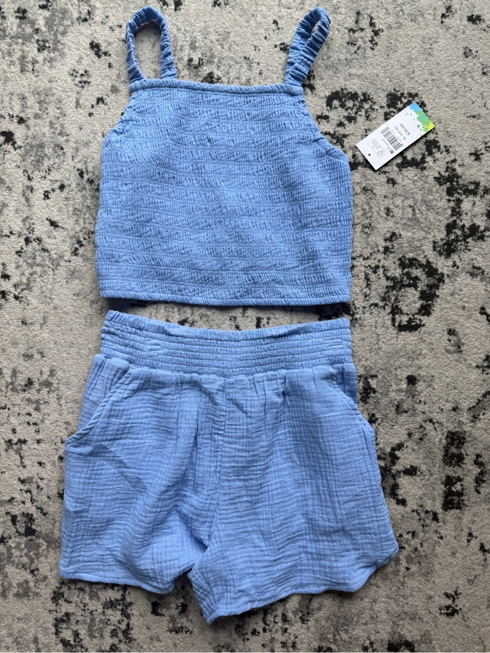 Girls Blue Cotton Gauze Tank & Shorts Matching Set